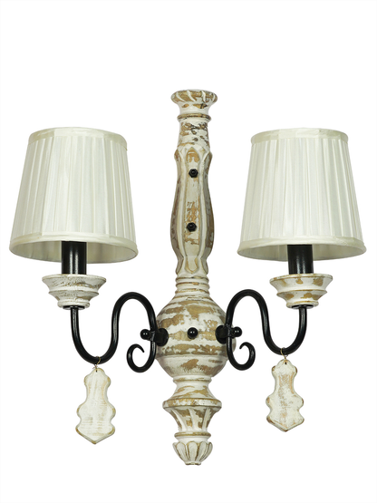 Elegant French White Distressed Wooden Rustic Double Candelabra Wall Sconce with Pleated Shades