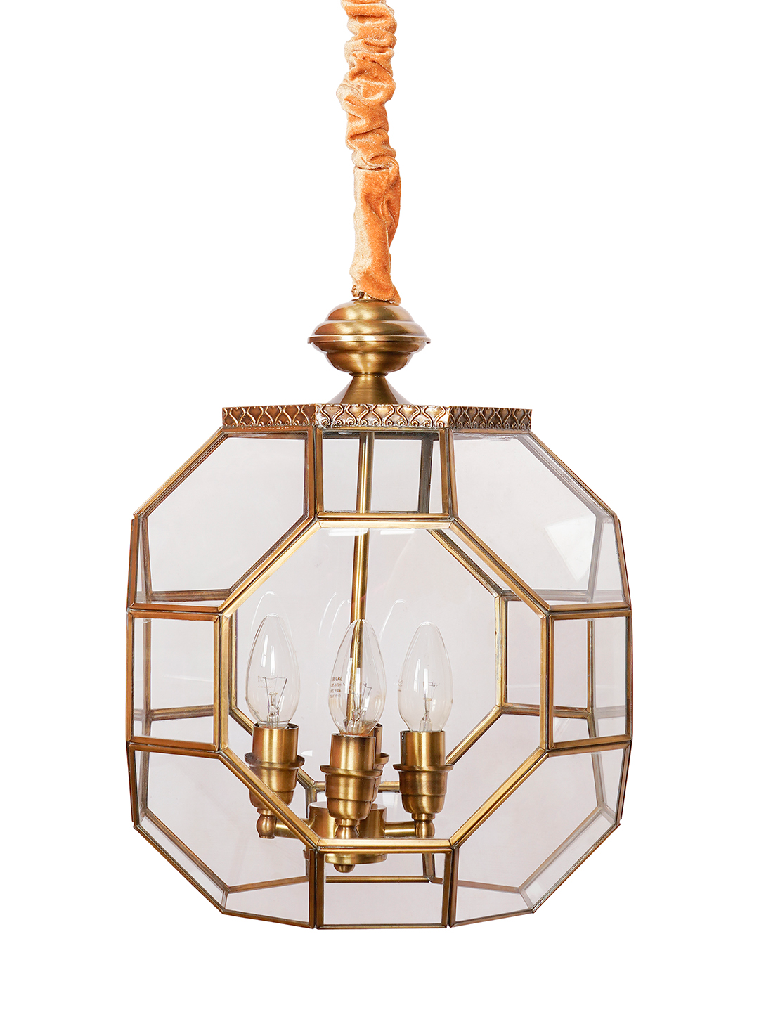 Elegant Octagonal Glass Antique Brass 4-Light Pendant Ceiling Lamp Fixture