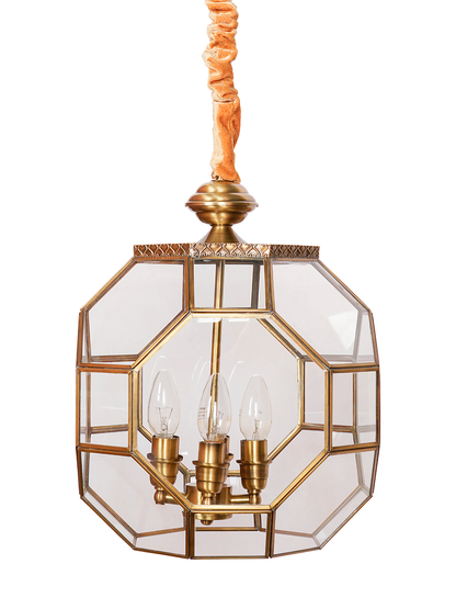 Elegant Octagonal Glass Antique Brass 4-Light Pendant Ceiling Lamp Fixture