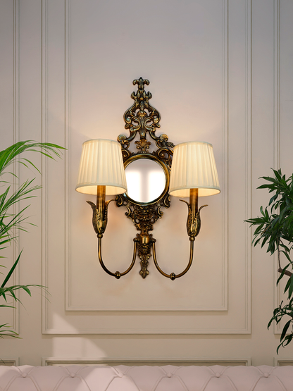 Opulent Antique Brass Wall Lamp with Mirror, Pleated Chiffon Shades