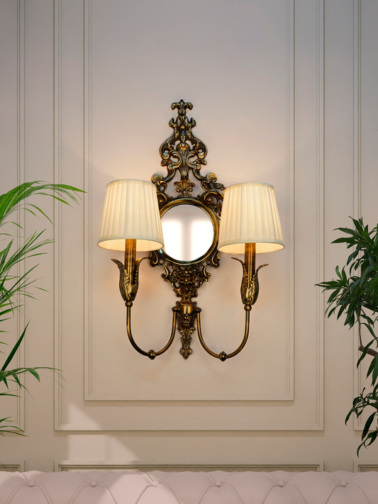 Opulent Antique Brass Wall Lamp with Mirror, Pleated Chiffon Shades