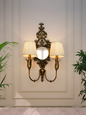 Opulent Antique Brass Wall Lamp with Mirror, Pleated Chiffon Shades