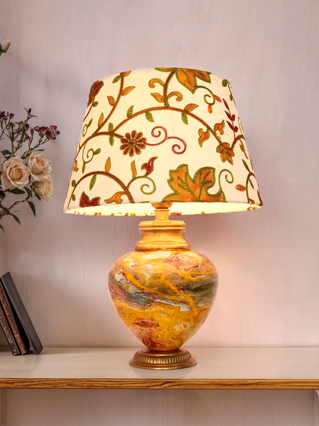 Exquisite Kashmiri Embroidered Shade Table Lamp - Metal Red Stone Pot Design