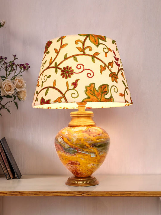 Exquisite Kashmiri Embroidered Shade Table Lamp - Metal Red Stone Pot Design