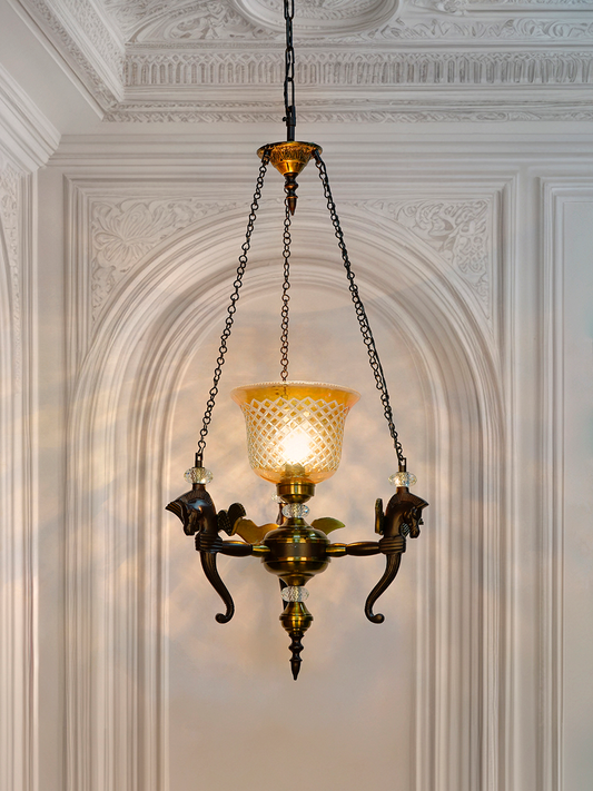 Elegant Vintage Pegasus Pendant Chandelier with Golden Luster CutGlass Shade, Crystal Accents