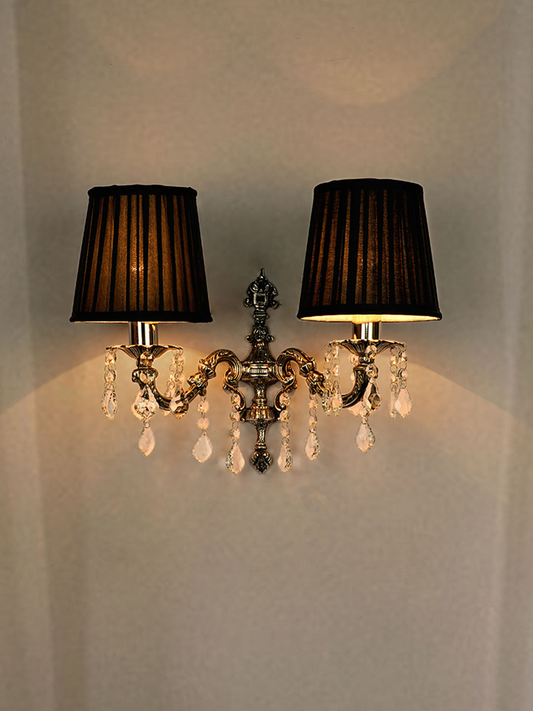 Luxury Cast Brass Crystal Double Wall Sconce with Pleated Black Shades