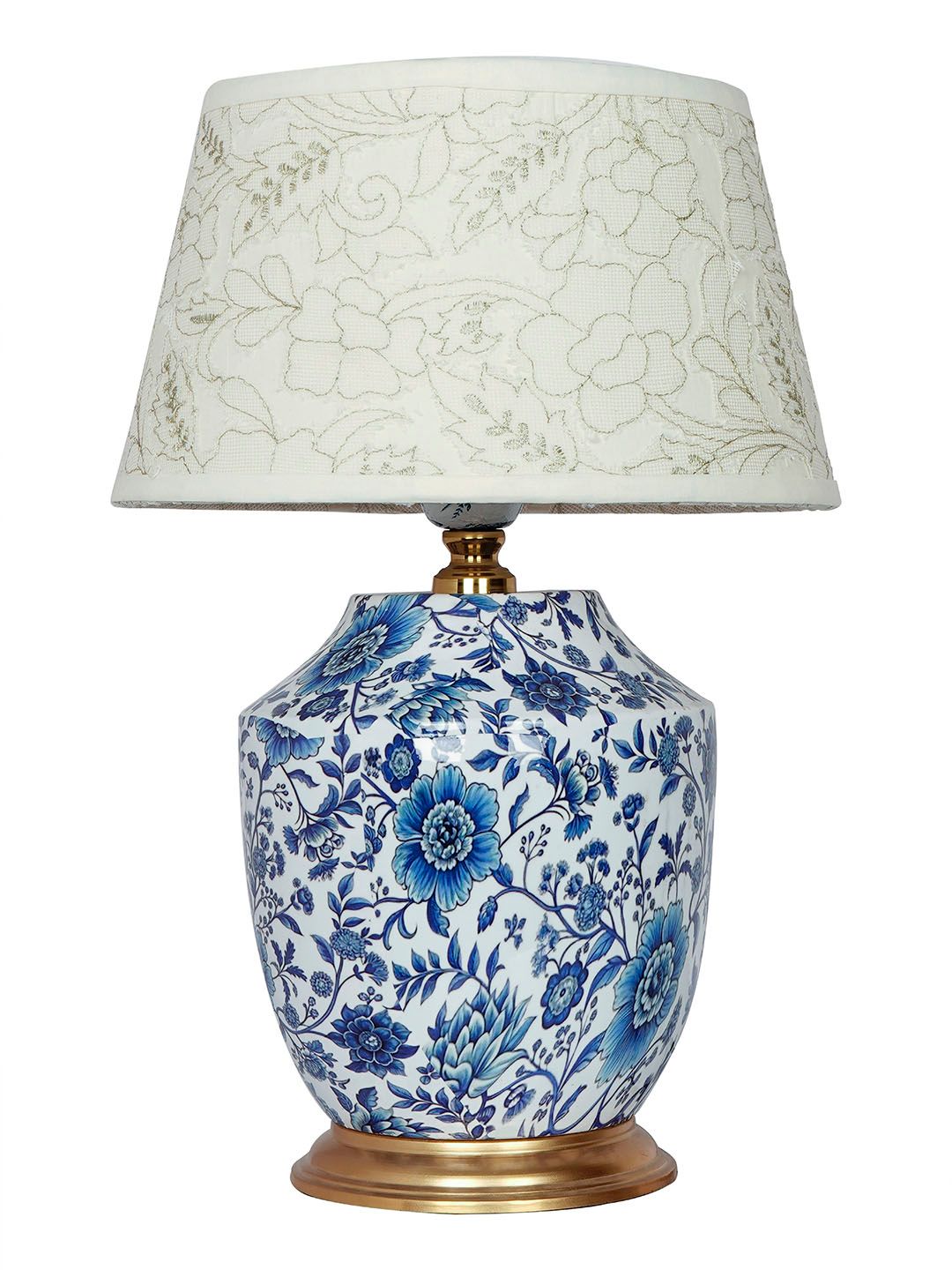 Artisanal Blue Pottery Print Table Lamp with Pastel Green Embroidered Shade
