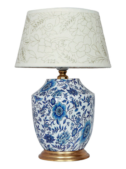 Artisanal Blue Pottery Print Table Lamp with Pastel Green Embroidered Shade