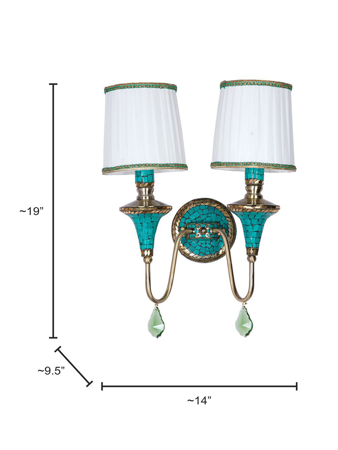 Handcrafted Tibetan Nepalese Double Funnel Wall Sconce, Green Stone, Pleated Shades