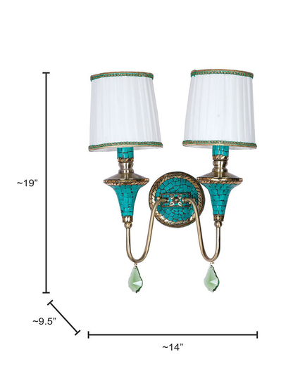 Handcrafted Tibetan Nepalese Double Funnel Wall Sconce, Green Stone, Pleated Shades