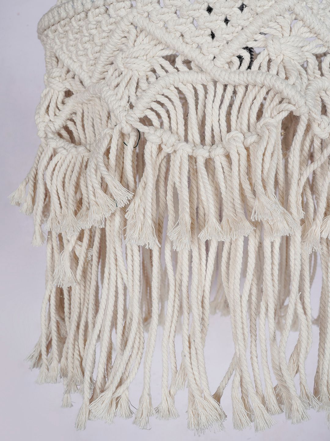 Bohemian Natural White Macrame Drum Pendant Light with Decorative Fringe