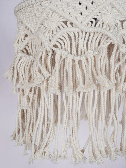 Bohemian Natural White Macrame Drum Pendant Light with Decorative Fringe