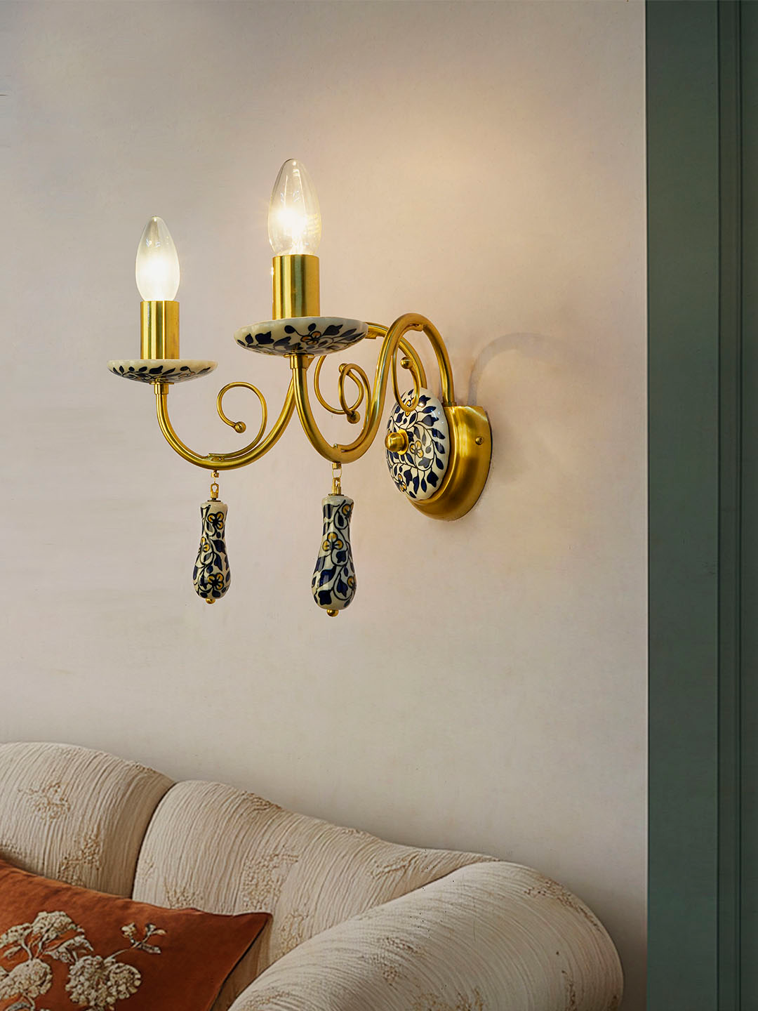 Handcrafted Blue Pottery Floral Wall Sconce: Baroque Rococo Style Ceramic Elegance