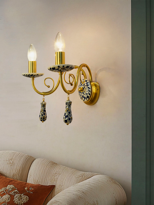 Handcrafted Blue Pottery Floral Wall Sconce: Baroque Rococo Style Ceramic Elegance