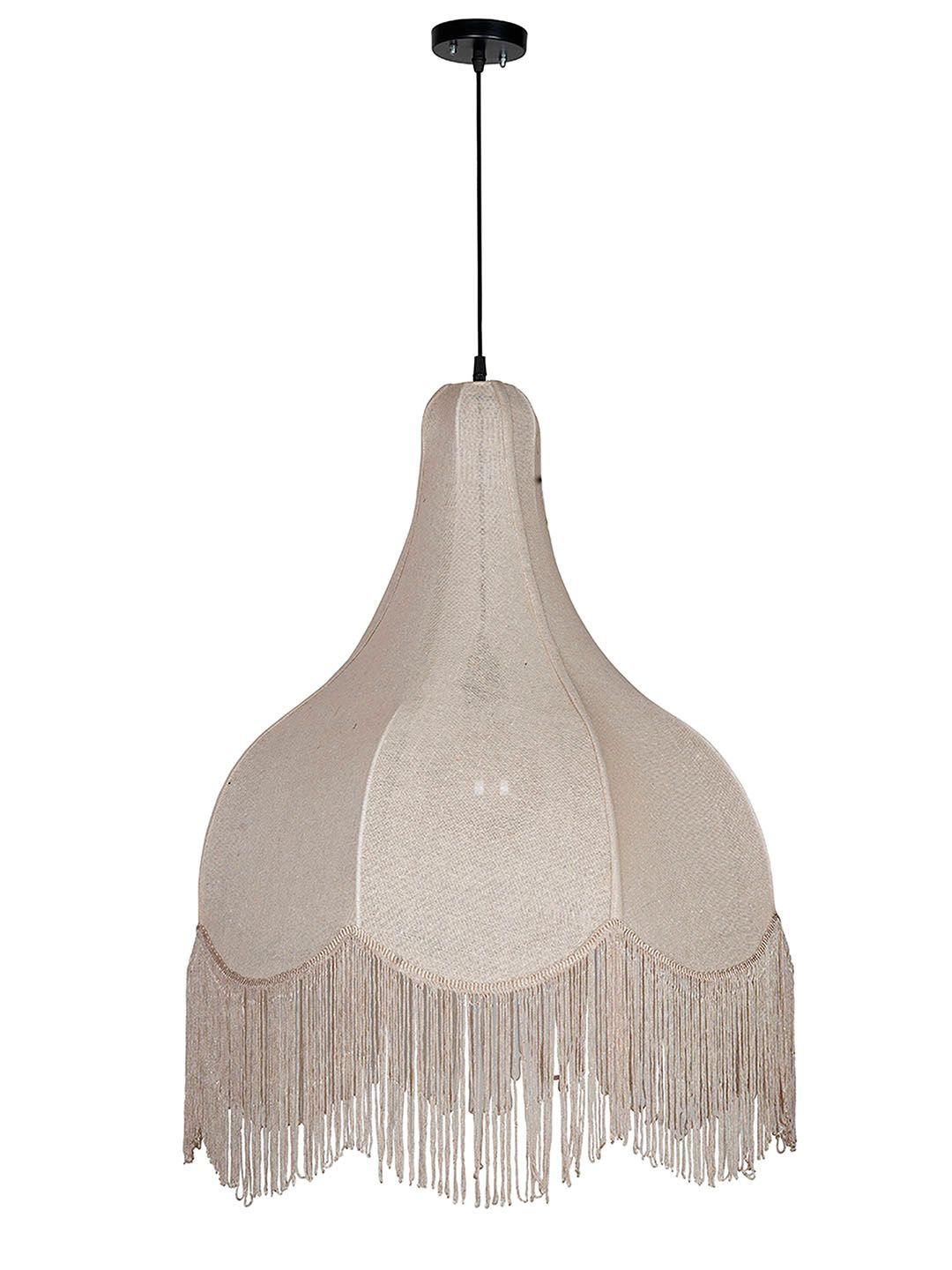 Bohemian Chic Large Beige Bell Scalloped Fabric Pendant Light with Tassels