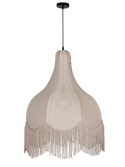 Bohemian Chic Large Beige Bell Scalloped Fabric Pendant Light with Tassels