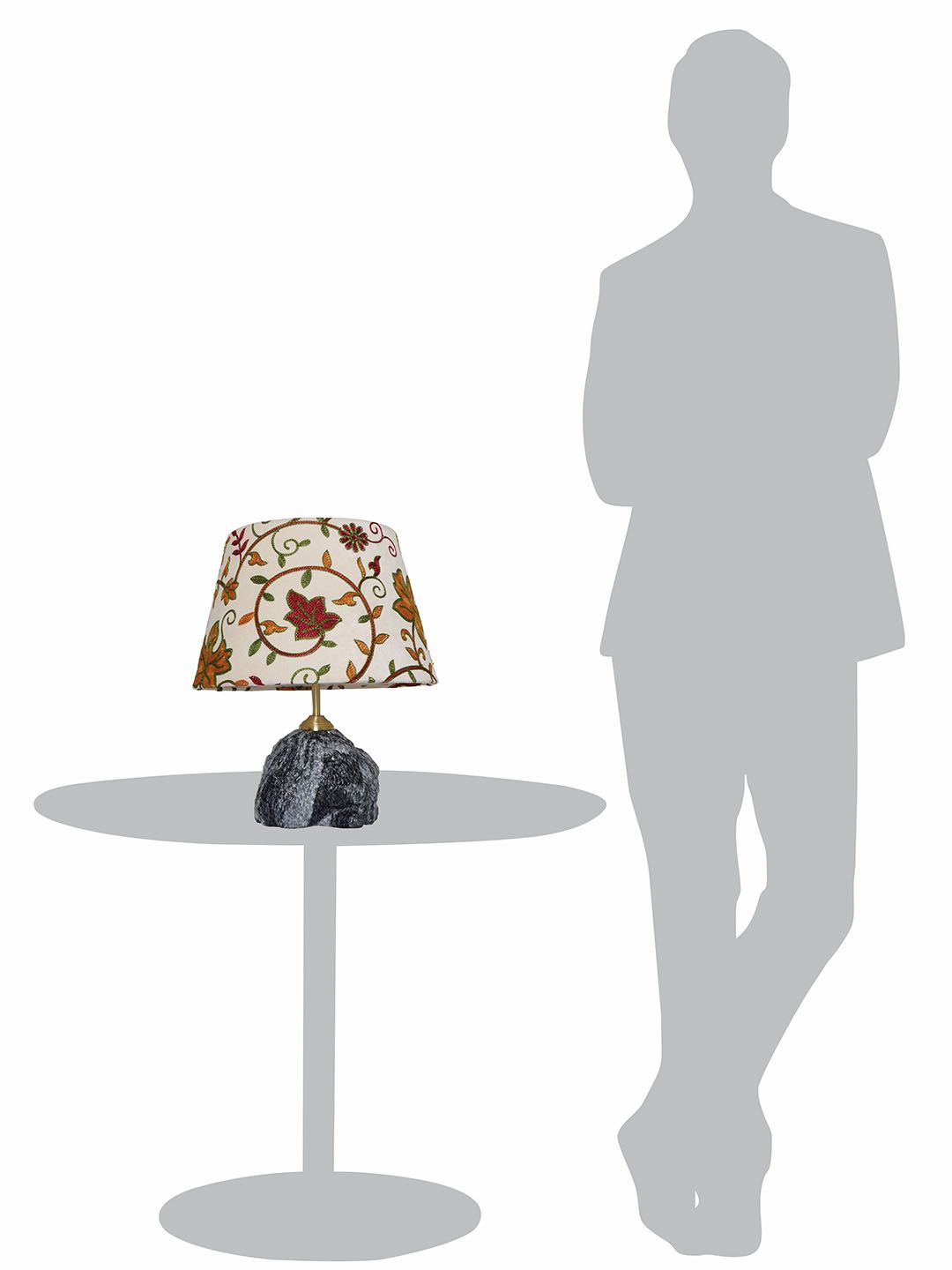 Exquisite Raw Black Marble Table Lamp with Intricate Kashmiri Embroidered Velvet Shade
