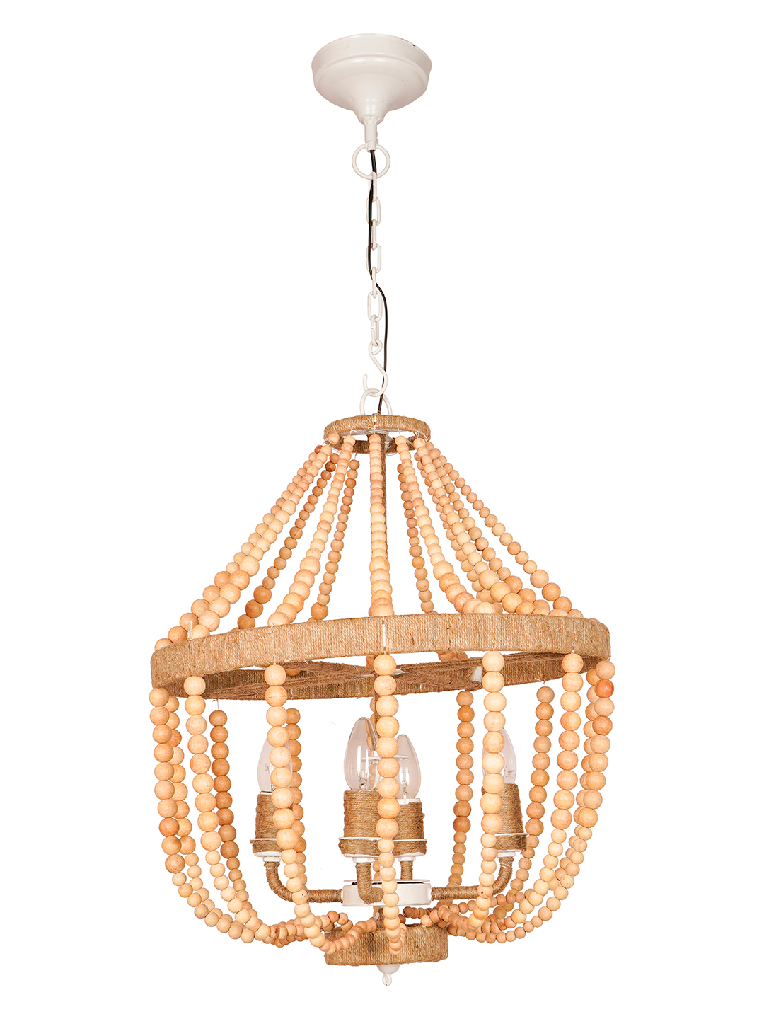 Bohemian Natural Wood Bead Empire Chandelier | Jute Wrapped 4-Light Fixture