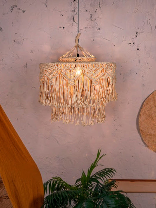 Bohemian Natural White Macrame 2-Tier Drum Pendant Light for Home Decor