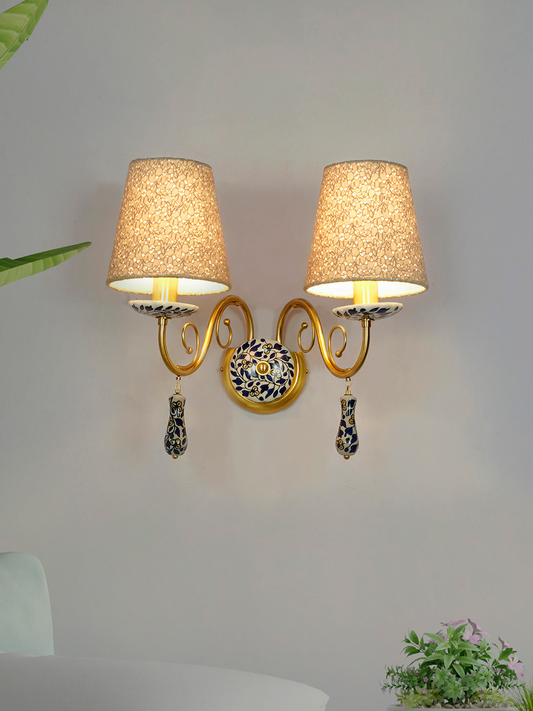 Handcrafted Blue Pottery Floral Double Wall Sconce with Yellow Flowers