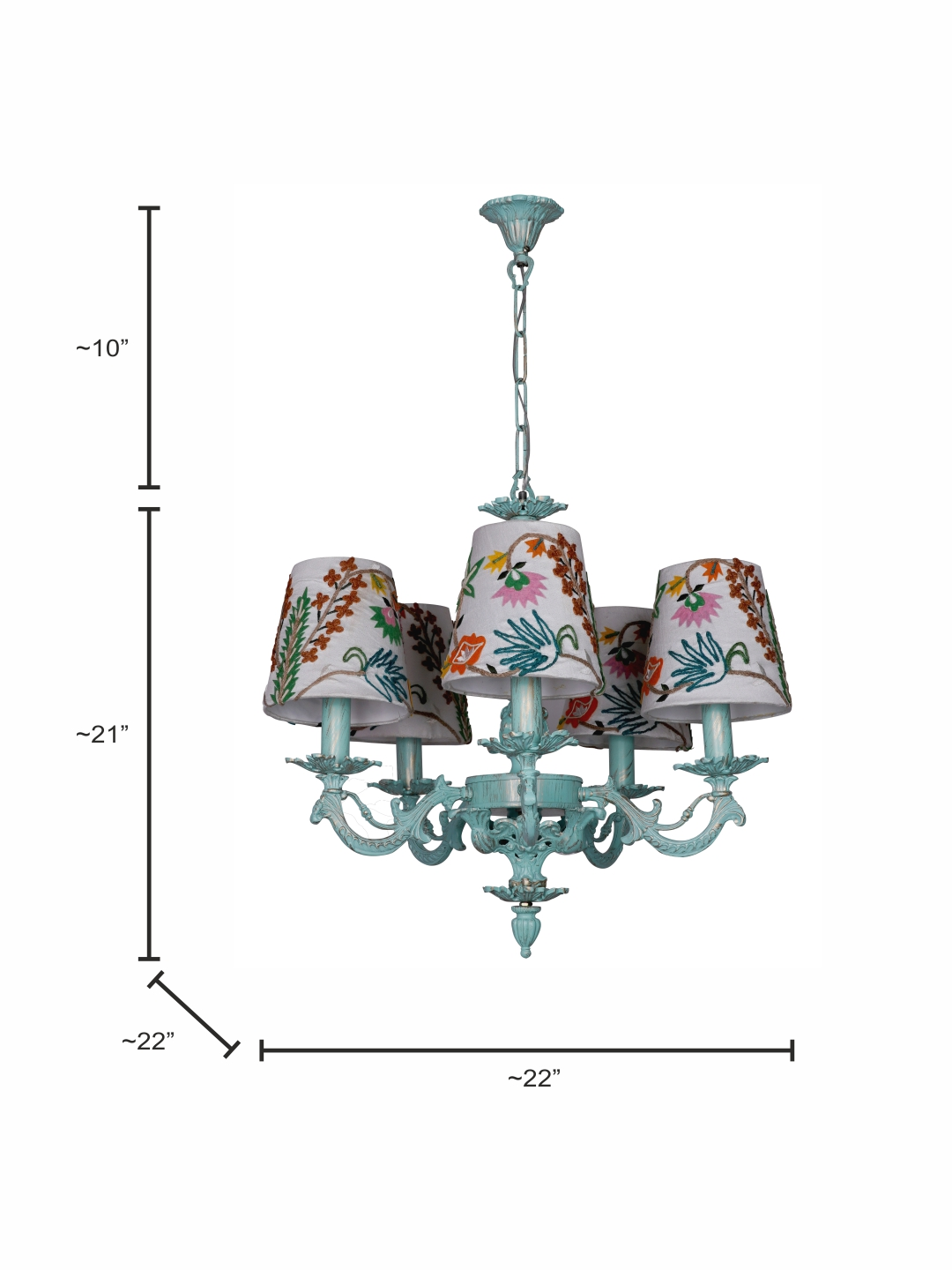 Distressed Green Cast Aluminium 5 Lights Small Chandelier with Floral Embroidery White Fabric Shades dimensions