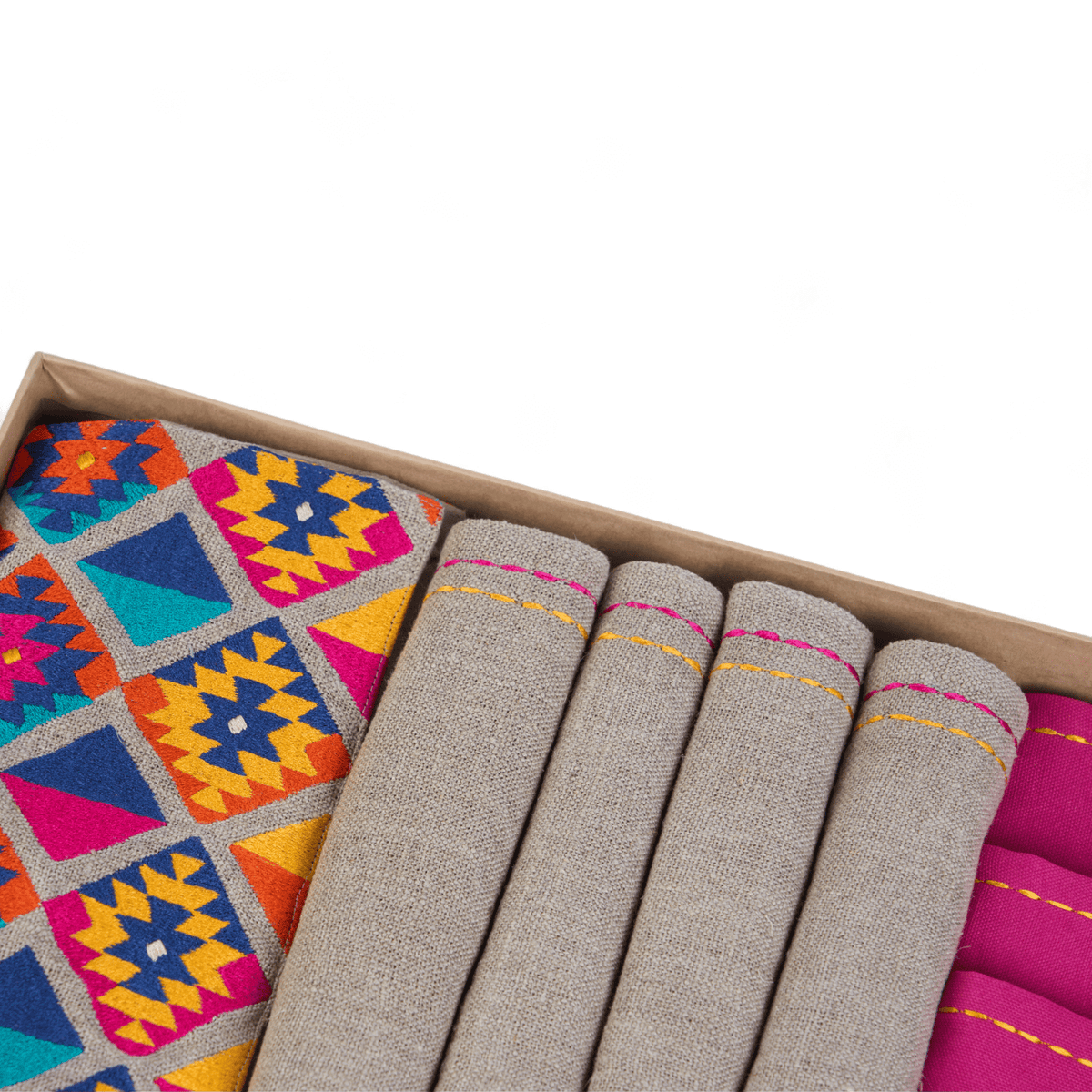Folk Kilim Table Linen Gift Pack | Pure Linen | Natural with Multicolour Embroidery | 3 Combinations