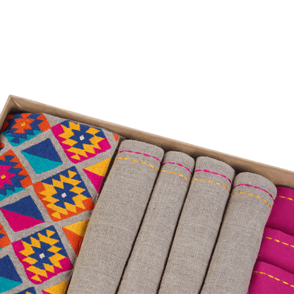 Folk Kilim Table Linen Gift Pack | Pure Linen | Natural with Multicolour Embroidery | 3 Combinations