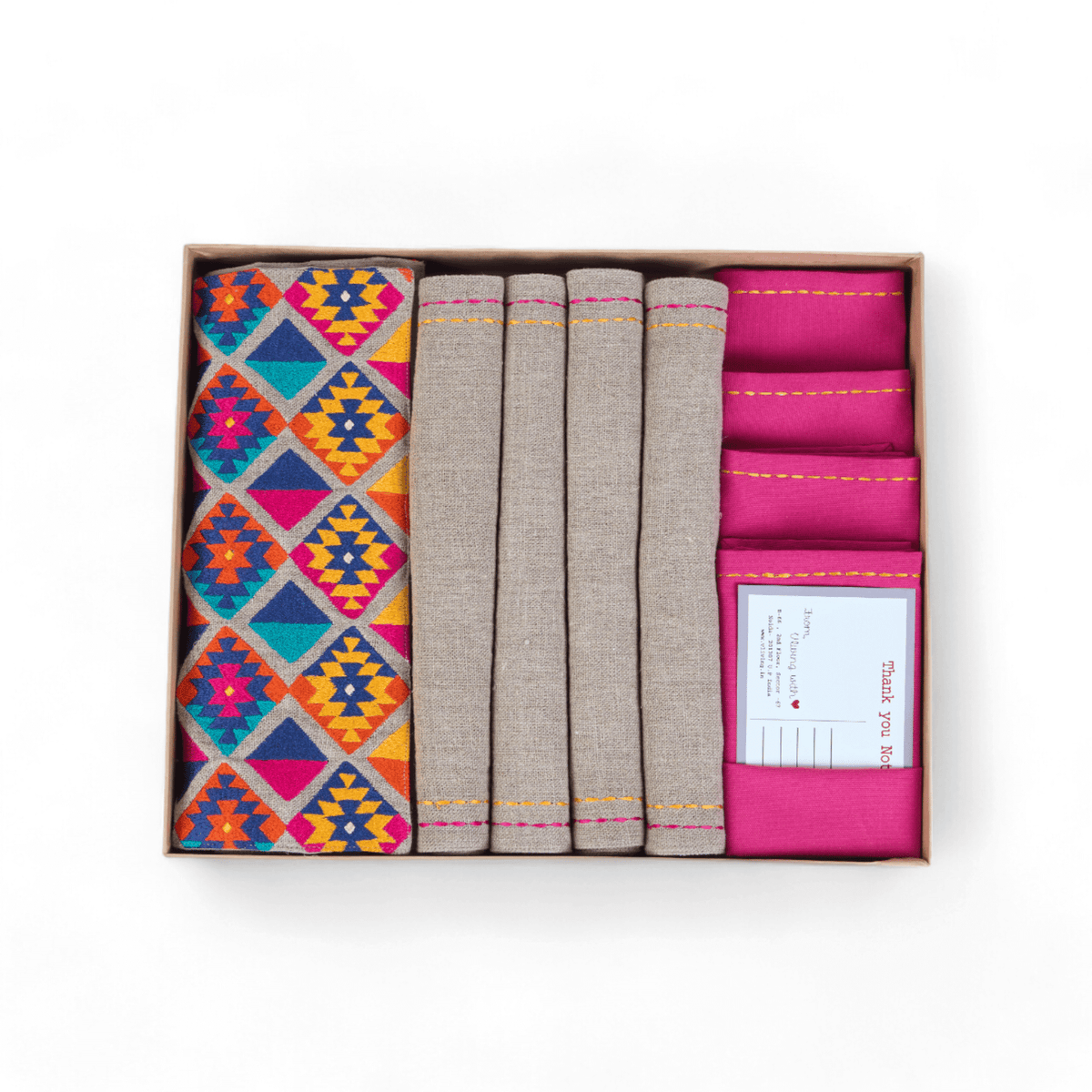 Folk Kilim Table Linen Gift Pack | Pure Linen | Natural with Multicolour Embroidery | 3 Combinations