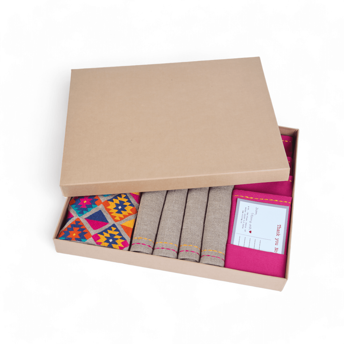 Folk Kilim Table Linen Gift Pack | Pure Linen | Natural with Multicolour Embroidery | 3 Combinations