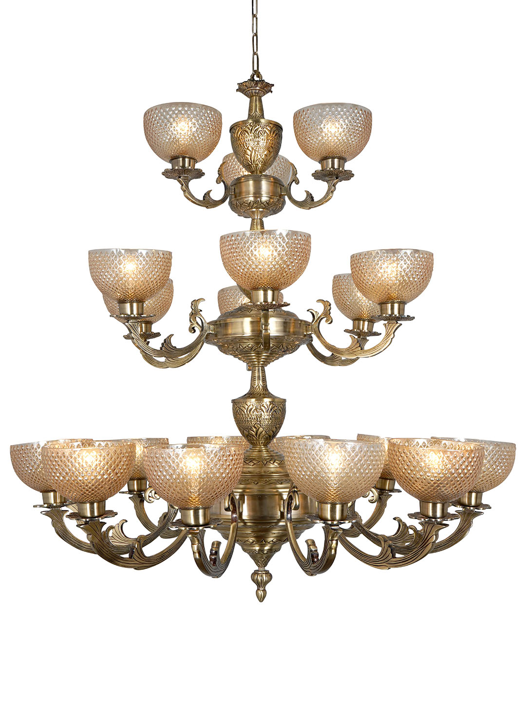 Grand Meena Aluminium 21-Light 3-Tier Chandelier, Antique Brass Golden Cut Glass