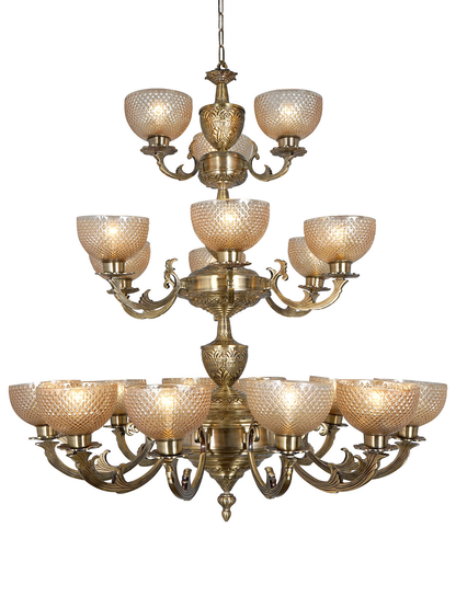 Grand Meena Aluminium 21-Light 3-Tier Chandelier, Antique Brass Golden Cut Glass