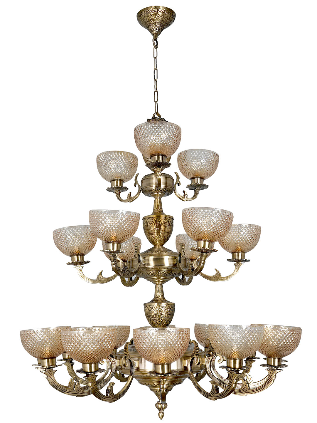 Grand Meena Aluminium 21-Light 3-Tier Chandelier, Antique Brass Golden Cut Glass