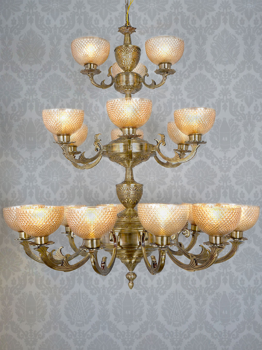 Grand Meena Aluminium 21-Light 3-Tier Chandelier, Antique Brass Golden Cut Glass