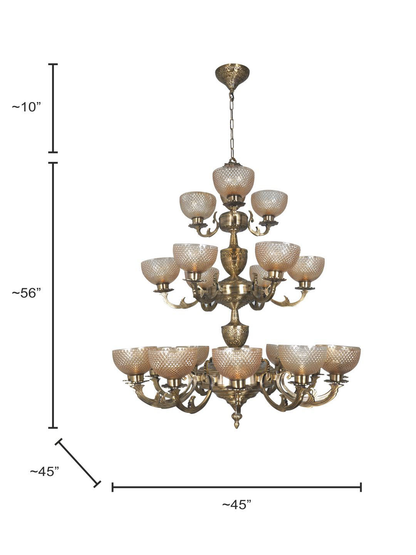 Grand Meena Aluminium 21-Light 3-Tier Chandelier, Antique Brass Golden Cut Glass