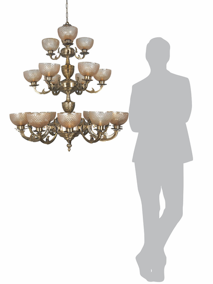 Grand Meena Aluminium 21-Light 3-Tier Chandelier, Antique Brass Golden Cut Glass