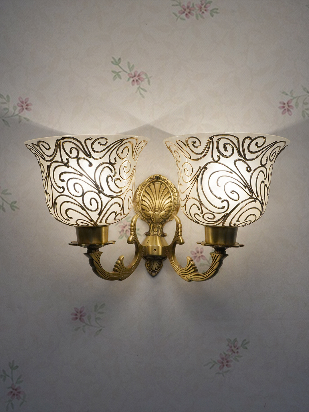 Elegant Antique Brass Twin Wall Sconce Light with Frosted Jaipuri Glass Shades