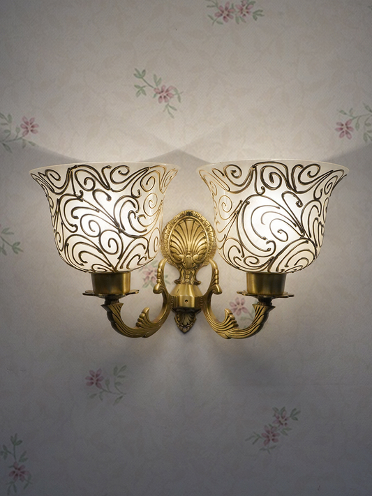 Elegant Antique Brass Twin Wall Sconce Light with Frosted Jaipuri Glass Shades