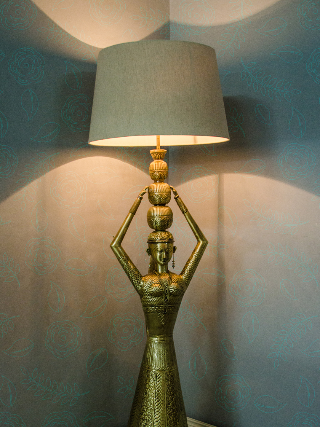 Hand-Carved Brass Kalash Taper Table Lamp, Ethnic Rajasthani Village Style Lighting