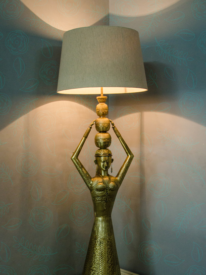 Hand-Carved Brass Kalash Taper Table Lamp, Ethnic Rajasthani Village Style Lighting