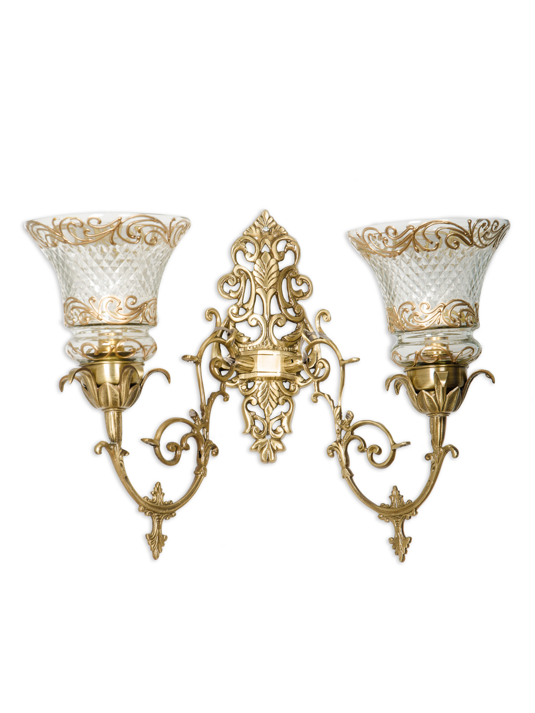 Elegant Antique Brass Double Wall Sconce with Hand-Painted Cut Glass Accents