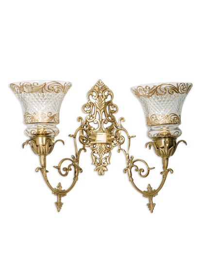 Elegant Antique Brass Double Wall Sconce with Hand-Painted Cut Glass Accents