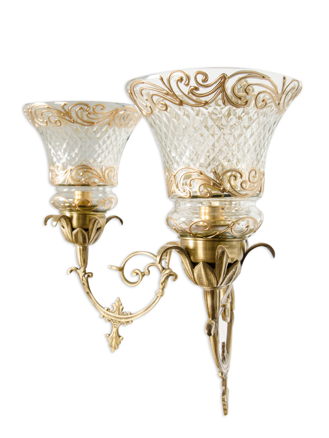 Elegant Antique Brass Double Wall Sconce with Hand-Painted Cut Glass Accents