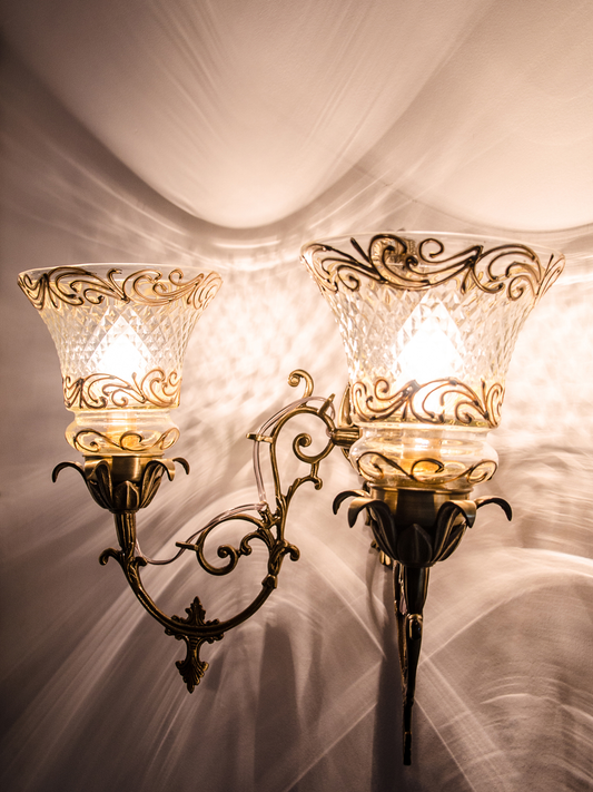 Elegant Antique Brass Double Wall Sconce with Hand-Painted Cut Glass Accents