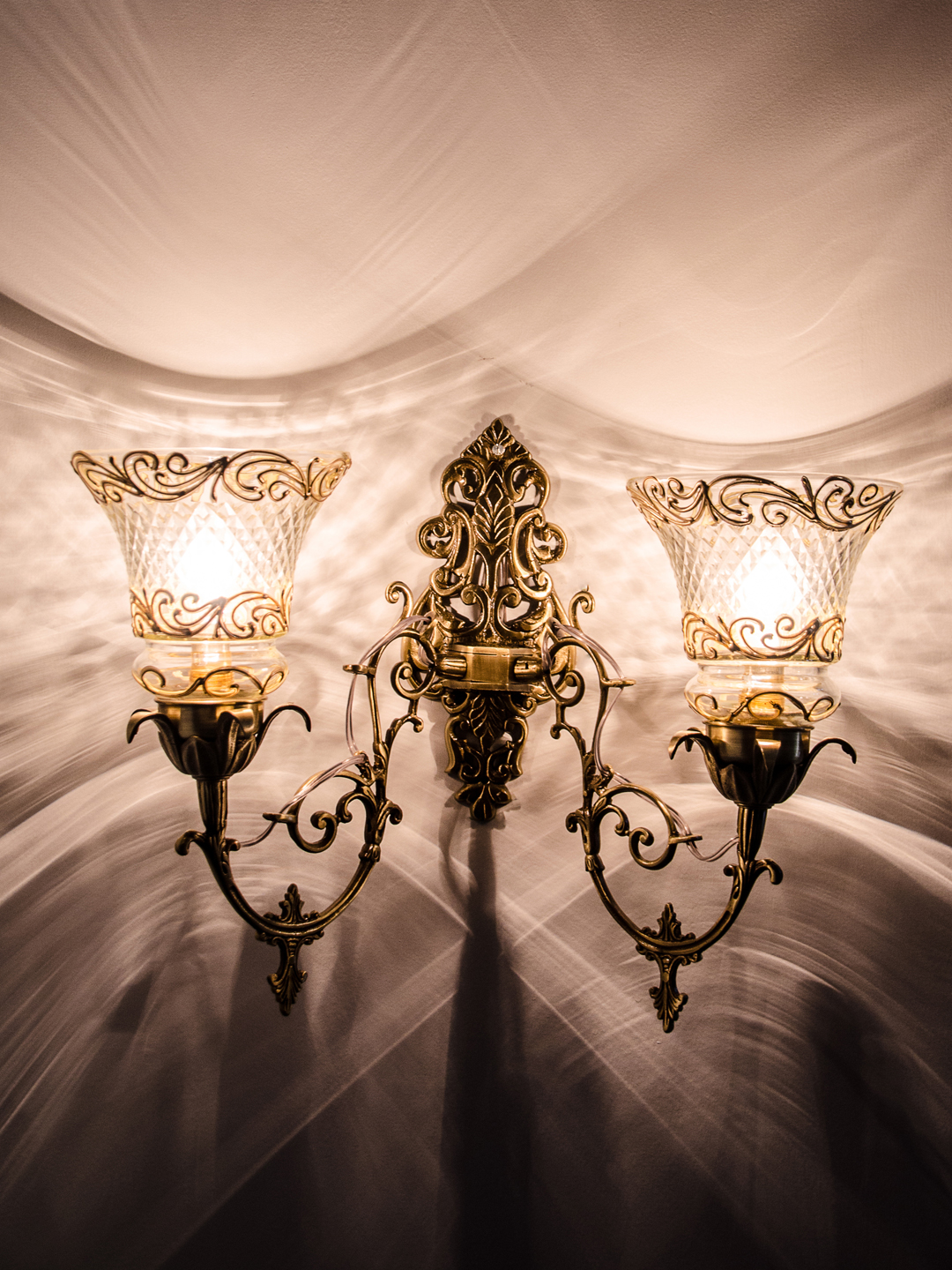 Elegant Antique Brass Double Wall Sconce with Hand-Painted Cut Glass Accents