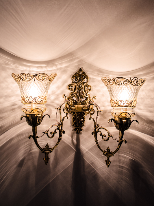 Elegant Antique Brass Double Wall Sconce with Hand-Painted Cut Glass Accents