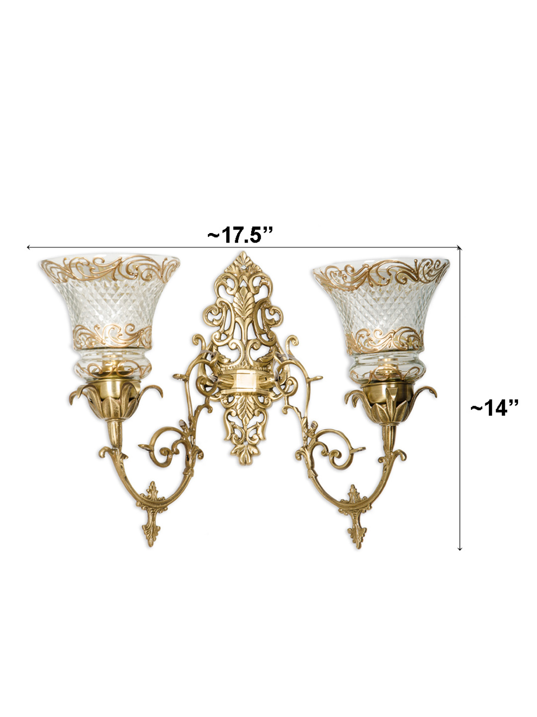 Elegant Antique Brass Double Wall Sconce with Hand-Painted Cut Glass Accents