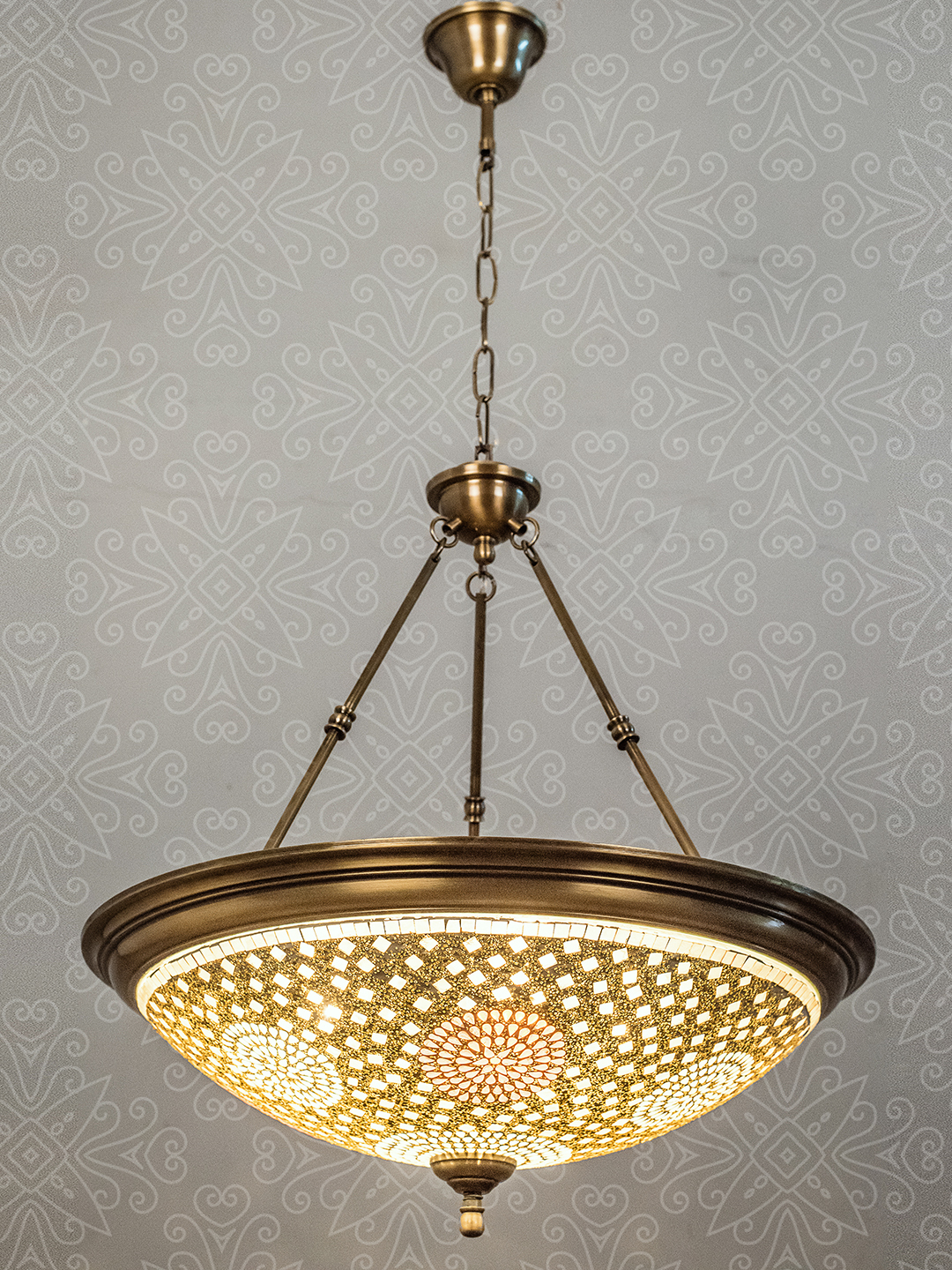 Elegant Antique Brass 5-Light Hanging Pendant Lamp with Mosaic Glass Shade