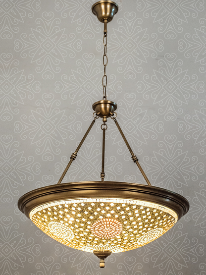 Elegant Antique Brass 5-Light Hanging Pendant Lamp with Mosaic Glass Shade