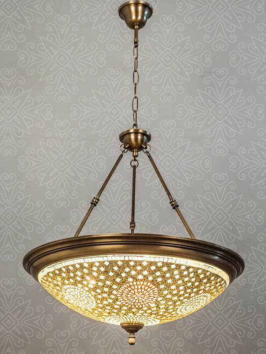 Elegant Antique Brass 5-Light Hanging Pendant Lamp with Mosaic Glass Shade