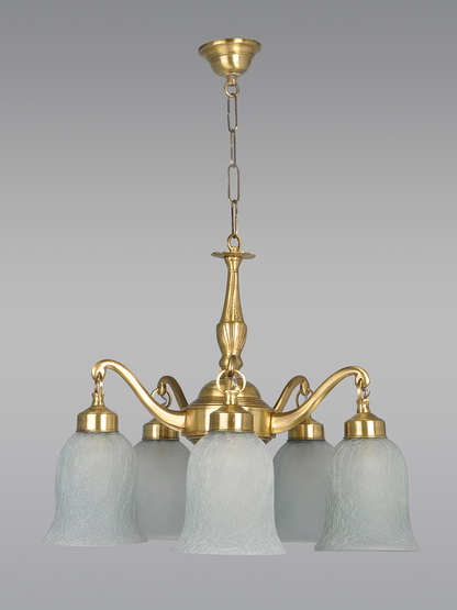 Opulent Classic 5-Light Brass Chandelier with Frosted Crackle Glass Shades, Antique Finish